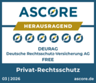 Siegel ASCORE DEURAG Privat-Rechtsschutz FREE Ascore-Siegel 2025: DEURAG erhält 6 von 6 Kompassen und die Auszeichnung „Herausragend“ für den Privat-Rechtsschutz in der Produktlinie FREE