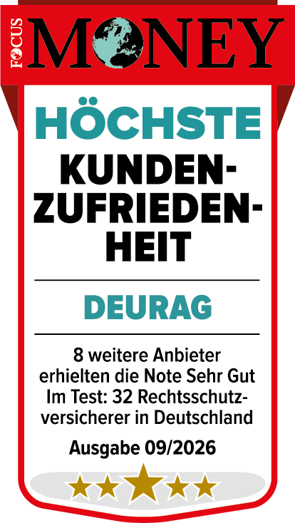 Focus Money DEURAG Höchste Kundenzufriedenheit Focus Money Siegel 2025: DEURAG erhält die Bewertung „Sehr Gut“ für Kundenzufriedenheit in der Kategorie Rechtsschutzversicherer in Deutschland.