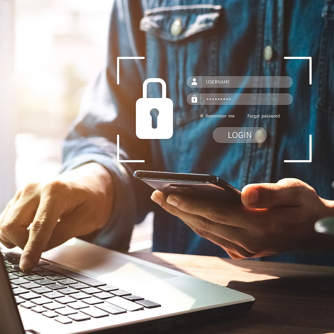 Anmeldemaske einer Website zur sicheren Eingabe von Zugangsdaten via Laptop und Handy.