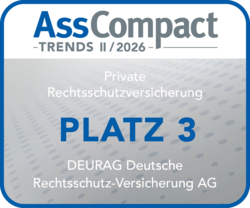 AssCompact Siegel 2025: DEURAG belegt Platz 3 in der Kategorie Private Rechtsschutzversicherung im zweiten Quartal 2024.