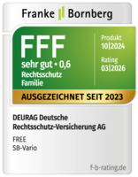 FuB DEURAG Tarif FREE SB-Vario Rechtsschutz Familie Franke und Bornberg Siegel: Ausgezeichnet seit 2023. DEURAG erhält die Note FFF (sehr gut) für den Tarif 10/2024 in der Produktlinie FREE für die Variante SB-Vario im Familien-Tarif.