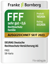 Franke und Bornberg Siegel: Ausgezeichnet seit 2023. DEURAG erhält die Note FFF (sehr gut) für den Tarif 10/2024 in der Produktlinie FREE für die Variante SB-Vario im Familien-Tarif.