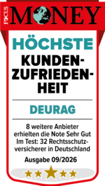 Focus Money DEURAG Höchste Kundenzufriedenheit Focus Money Siegel 2025: DEURAG erhält die Bewertung „Sehr Gut“ für Kundenzufriedenheit in der Kategorie Rechtsschutzversicherer in Deutschland.