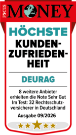 Focus Money Siegel 2025: DEURAG erhält die Bewertung „Sehr Gut“ für Kundenzufriedenheit in der Kategorie Rechtsschutzversicherer in Deutschland.