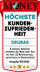 Focus Money Siegel 2025: DEURAG erhält die Bewertung „Sehr Gut“ für Kundenzufriedenheit in der Kategorie Rechtsschutzversicherer in Deutschland.