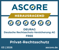 Siegel ASCORE DEURAG Privat-Rechtsschutz FREE Ascore-Siegel 2025: DEURAG erhält 6 von 6 Kompassen und die Auszeichnung „Herausragend“ für den Privat-Rechtsschutz in der Produktlinie FREE