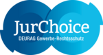 Die Grafik zeigt ein stilisiertes Logo mit dem Schriftzug „JurChoice“, ergänzt durch den Untertitel „DEURAG Gewerbe-Rechtsschutz“. Das Design besteht aus zwei überlappenden Kreisen, die eine waagerechte, symmetrische Form bilden. Der linke Kreis ist in einem dunklen Blauton, der rechte in einem helleren Türkisblau gehalten. Durch den Farbverlauf und die fließende Verbindung beider Kreise entsteh eine dynamische, ausgewogene Gesamtform, die optisch an zwei ineinandergreifende Zahnräder erinnert.
