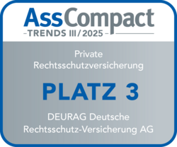 AssCompact Siegel 2025: DEURAG belegt Platz 3 in der Kategorie Private Rechtsschutzversicherung im zweiten Quartal 2024.